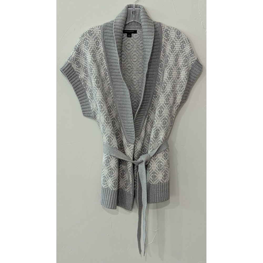 Banana Republic Women's Sweater Cardigan Small Gray & White Belted Short‎ Sleeve